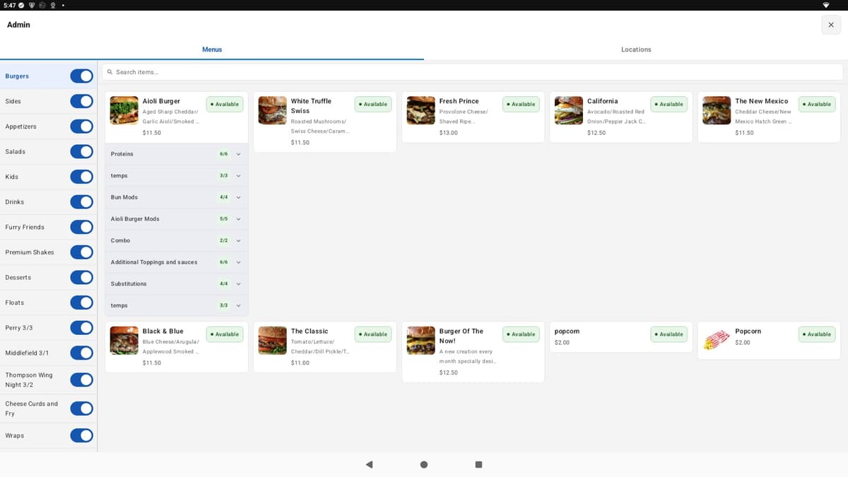 The BlazeBite admin screen with menu categories and each item switched on as available