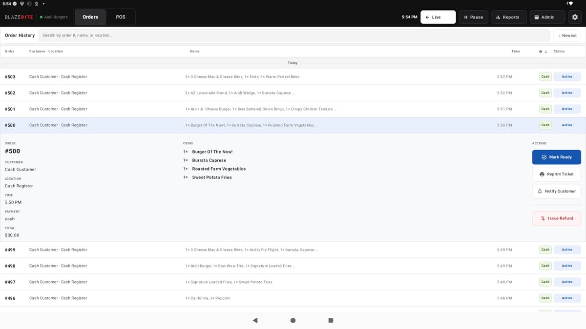 The BlazeBite orders list showing every order with its source, items, and status