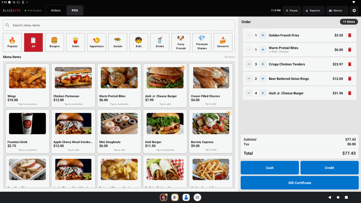 BlazeBite point-of-sale app showing the menu grid and live order panel