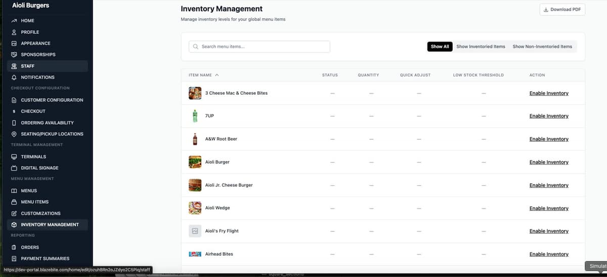 The BlazeBite inventory screen listing items with counts and low stock settings
