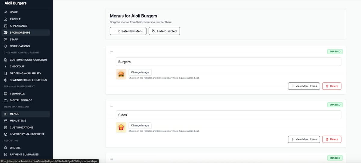 The BlazeBite menu builder listing menu sections that can be dragged into order