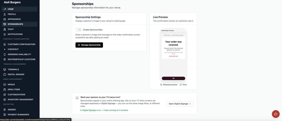 The BlazeBite sponsorship settings with a live preview of how the sponsor appears to a fan