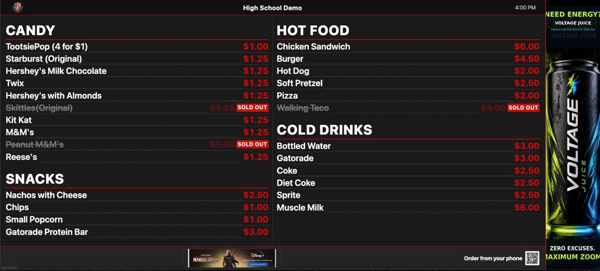 A BlazeBite board on a dark background with the whole menu, a tall sponsor ad down the right side, and a second sponsor banner along the bottom next to the ordering QR code
