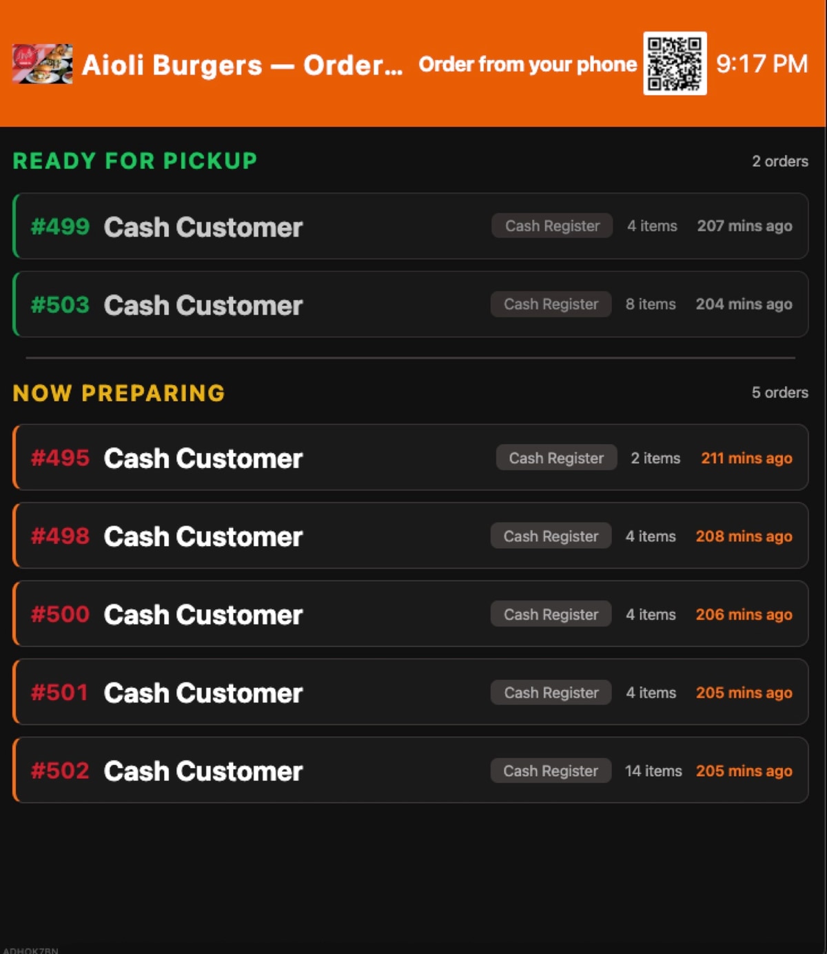 A BlazeBite order status screen listing orders ready for pickup and orders now preparing