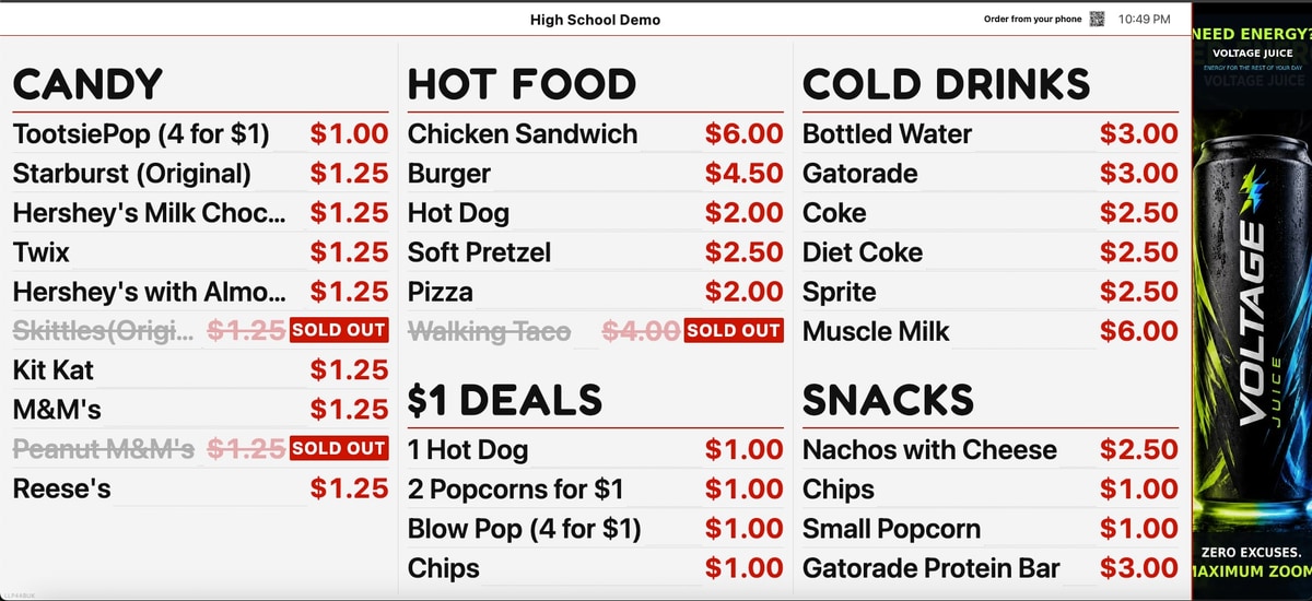A BlazeBite board with the whole menu in three columns and a tall sponsor ad for an energy drink running down the right side