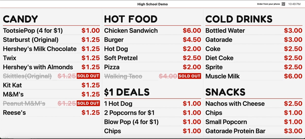 A BlazeBite board showing the whole menu in three columns: candy, hot food, cold drinks, one dollar deals, and snacks, with prices and sold-out items struck through