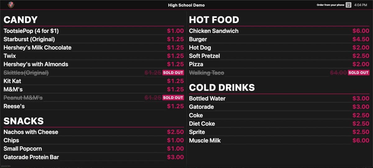 A BlazeBite digital signage board showing a concessions menu in two columns with prices and sold-out items struck through