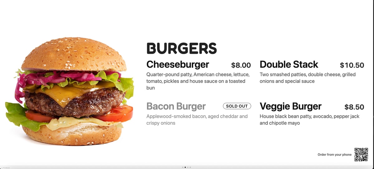 A BlazeBite board on a light background: a photo of a cheeseburger fills the left half, and the burgers menu sits on the right with four items, prices, a short description under each, one marked sold out, and a QR code for ordering from a phone