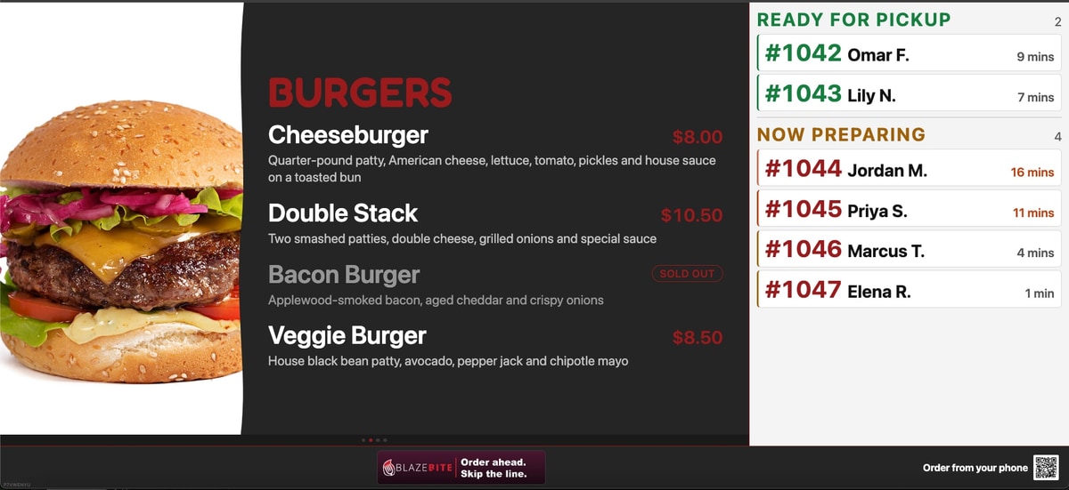 A BlazeBite board on a dark background with a photo of a cheeseburger, the burgers menu with descriptions, and a column on the right listing orders ready for pickup and now preparing
