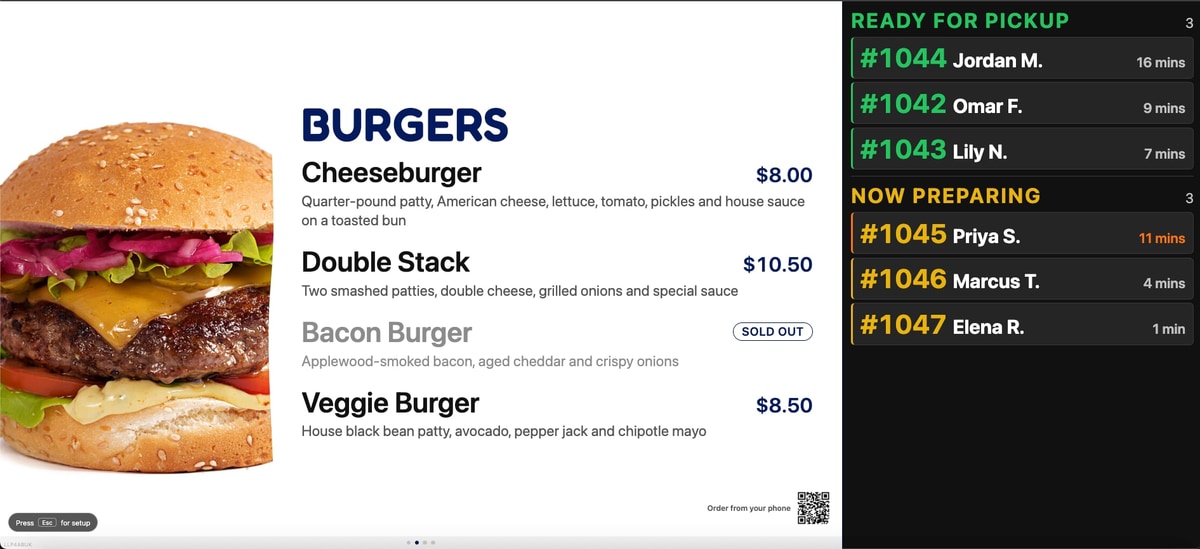 A BlazeBite board on a light background with a photo of a cheeseburger, the burgers menu, and a dark order status column on the right listing orders ready for pickup and now preparing