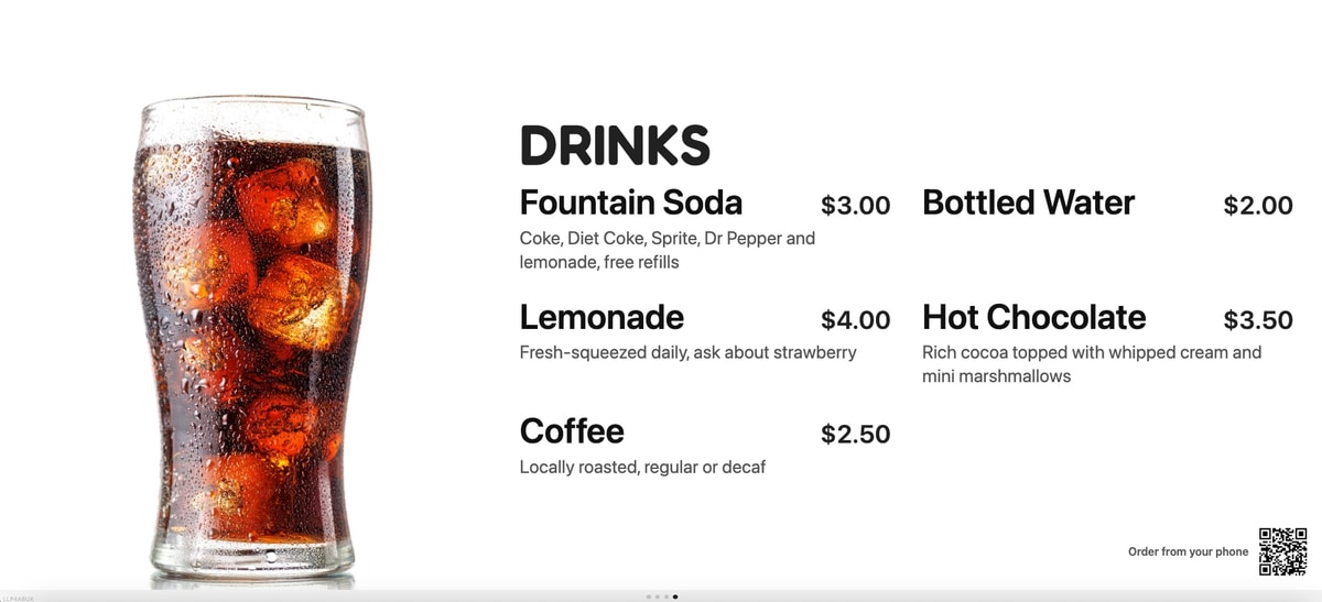 A BlazeBite board with a photo of a glass of cola beside the drinks menu: five items with prices and a short description under each