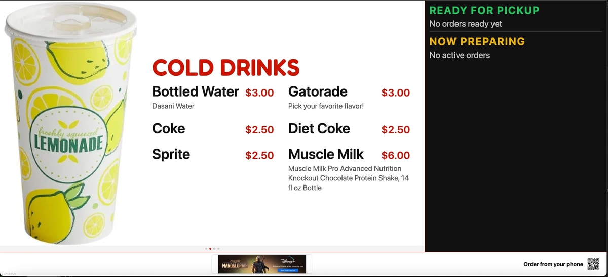 A BlazeBite board with a photo of a lemonade cup beside the cold drinks menu, and an order status column on the right with no orders waiting