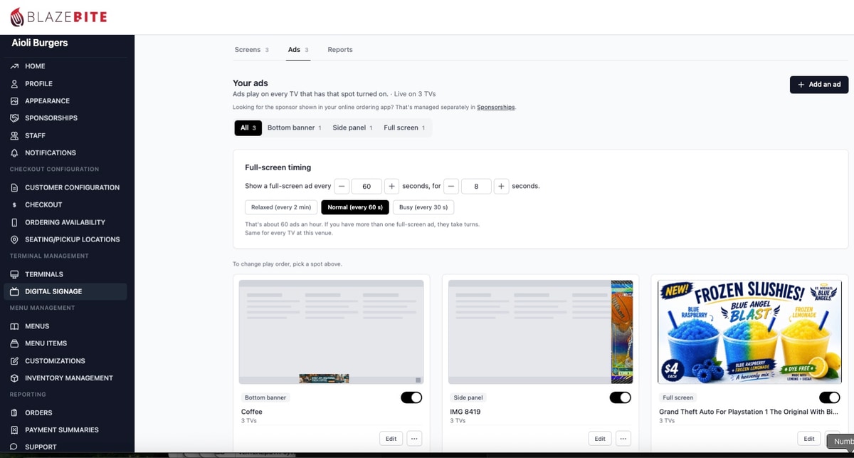 The BlazeBite portal on the digital signage screen: tabs for screens, ads, and reports, filters for bottom banner, side panel, and full screen, full-screen timing controls, and three ads each with a switch for how many TVs it runs on