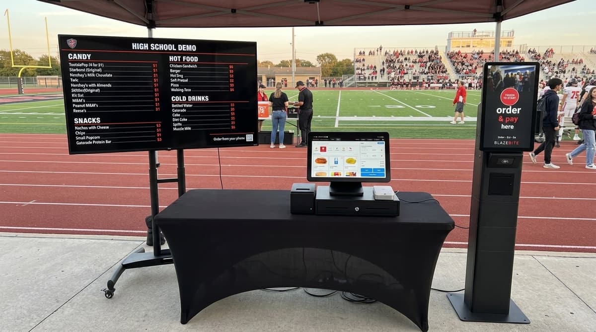 The full BlazeBite setup on a table beside a football field: the menu board on a TV, the terminal and printer, and a self-checkout kiosk