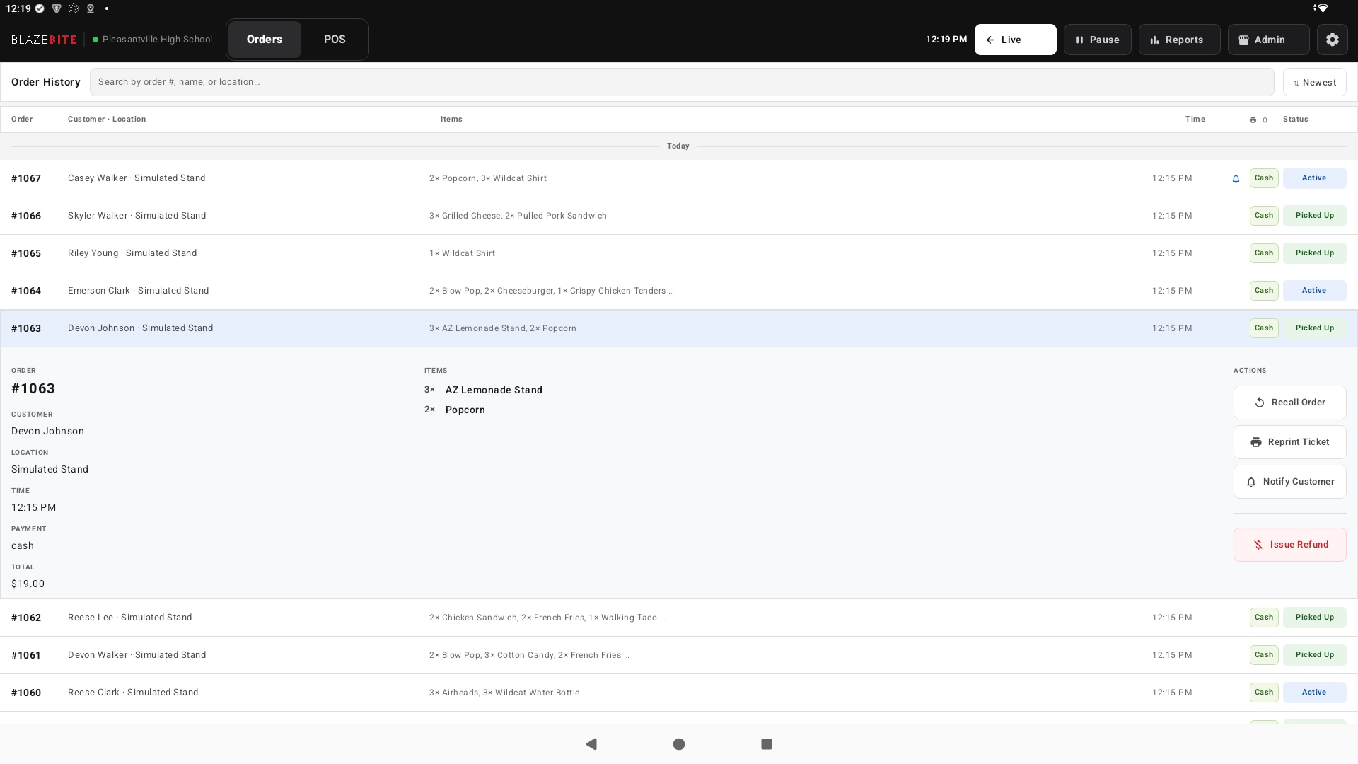 The BlazeBite orders list showing every order with its source, items, and status