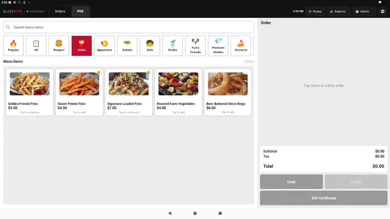 A sale on the BlazeBite terminal: items tapped into the order, cash entered, payment complete