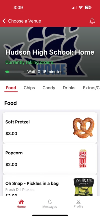The BlazeBite mobile ordering screen showing a menu with soft pretzels and popcorn and the current wait time
