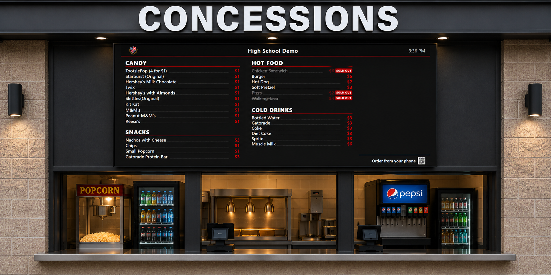 A BlazeBite digital menu board showing a concession stand menu with live prices and item availability