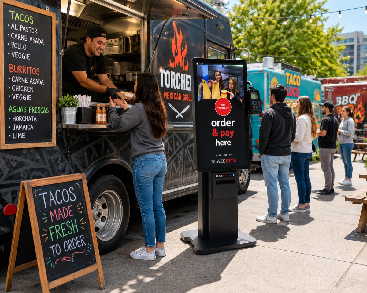 A BlazeBite self-service kiosk set up next to a food truck while a customer orders at the window