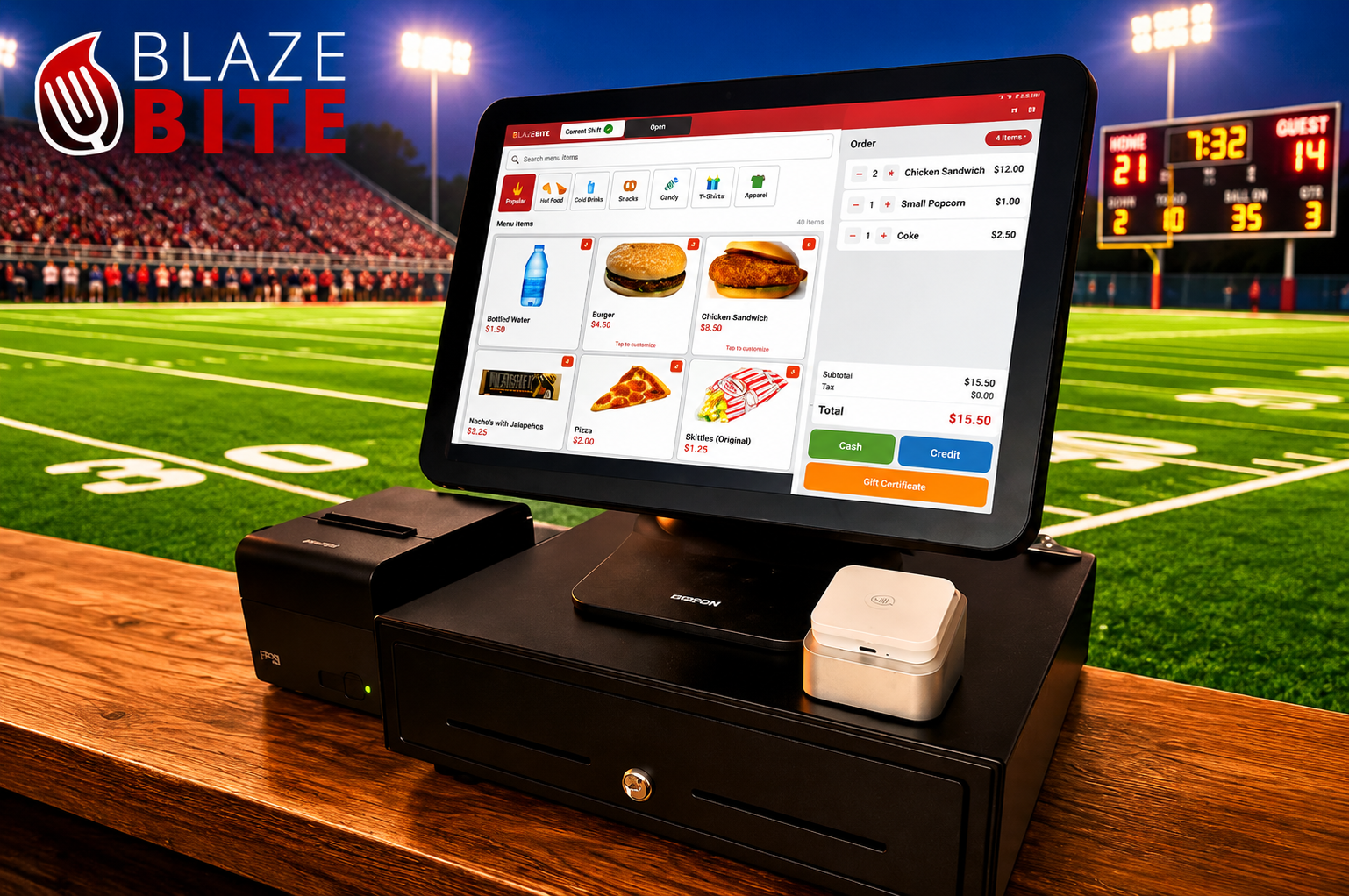The BlazeBite POS ecosystem: touchscreen terminal, cash drawer, card reader, and kitchen display working together as one system