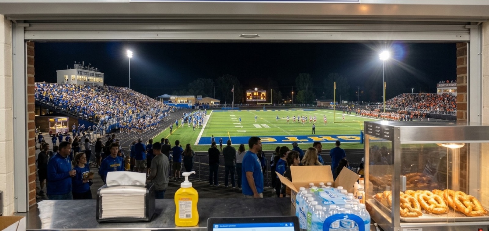 The view from inside a concession stand window on a Friday night: a crowded high school football stadium under the lights, with fans lined up at the counter beside a pretzel warmer