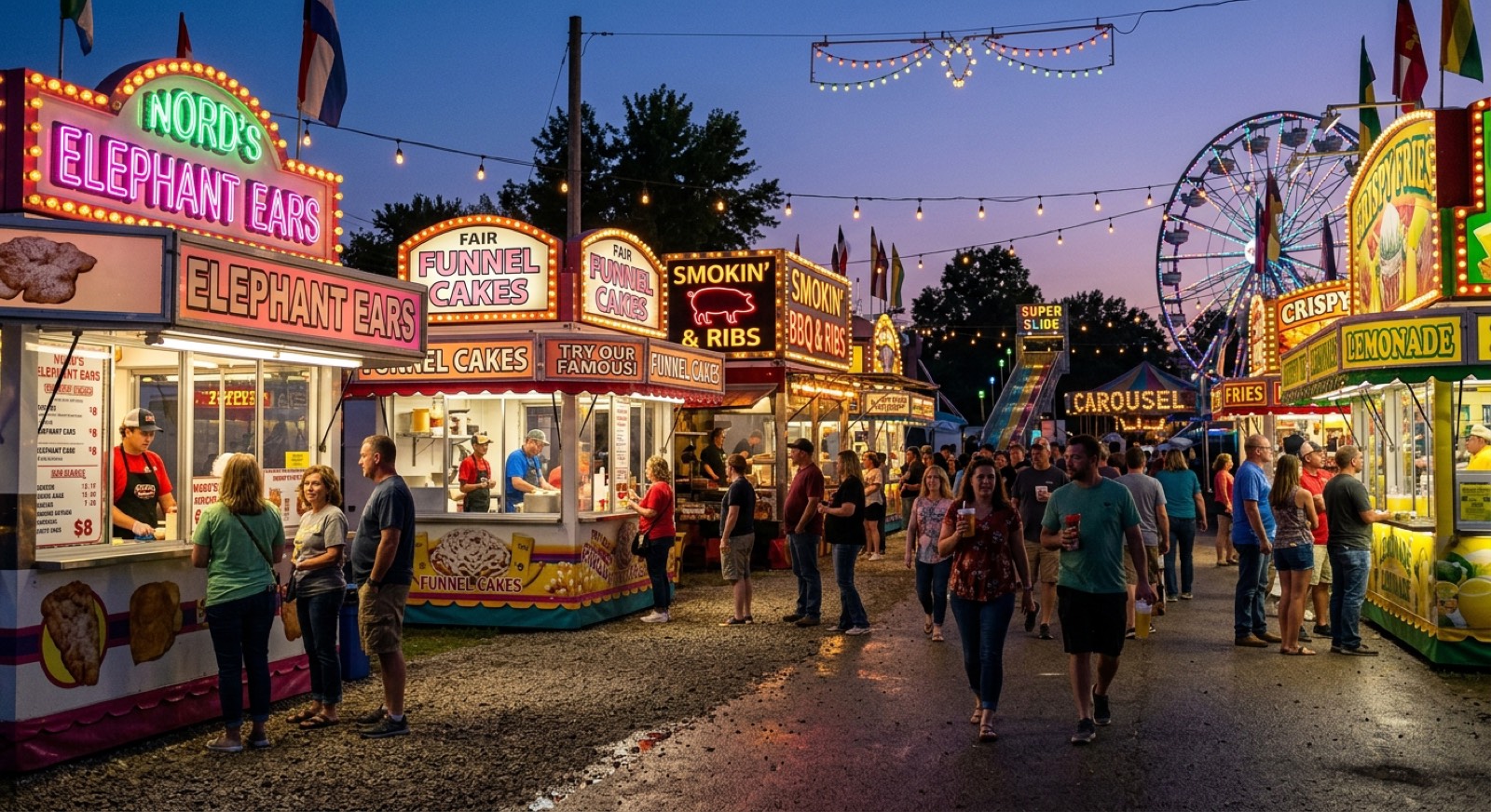 A county fair midway at dusk lined with lit-up food stands selling elephant ears, funnel cakes, barbecue, fries, and lemonade, with a Ferris wheel behind them