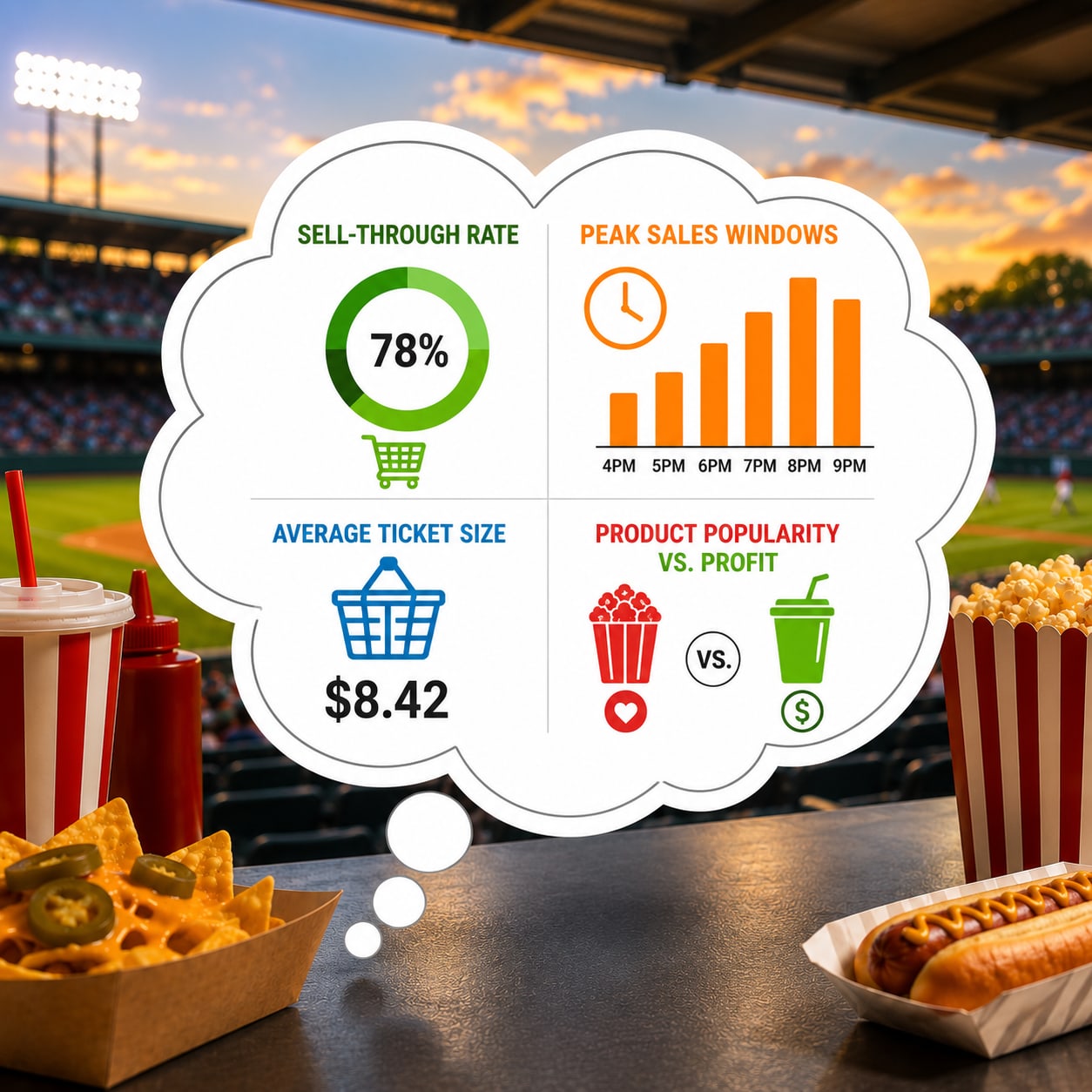 Concession stand metrics to track: a 78% sell-through rate dial, a peak sales window chart topping out at 8PM, an $8.42 average ticket size, and a product popularity vs. profit comparison
