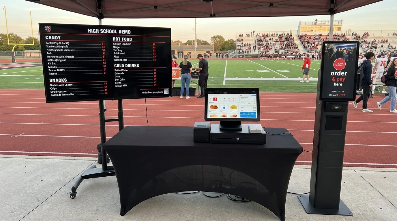 A BlazeBite setup at a high school football field: a digital menu board, a POS terminal with cash drawer and receipt printer, and a self-service order and pay kiosk