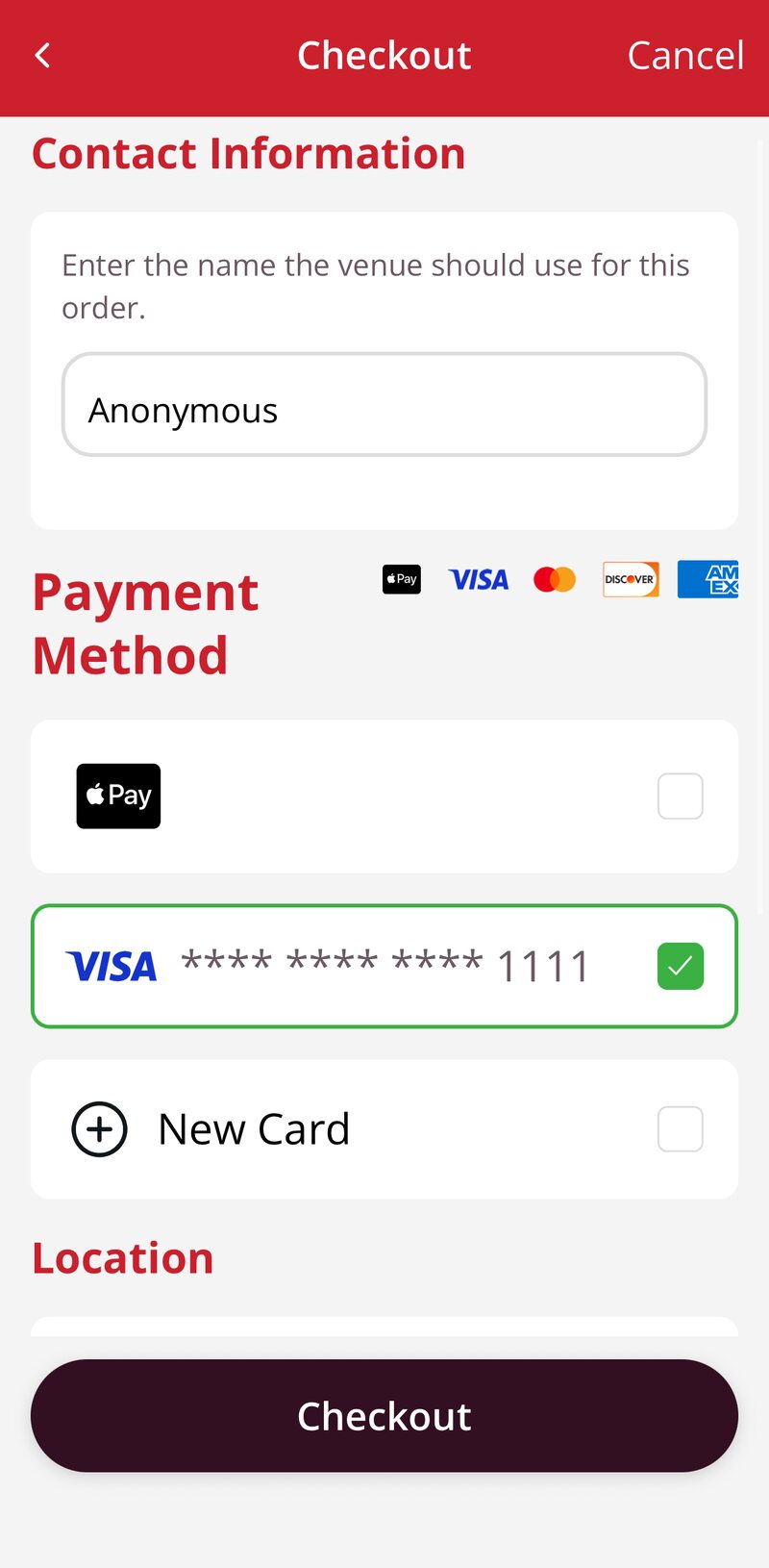Checkout in the app: a name for the order, then Apple Pay, a saved Visa card, or a new card