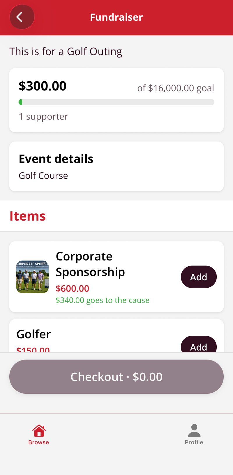 The items on a golf outing fundraiser: a corporate sponsorship and a golfer entry, each with its price and how much goes to the cause