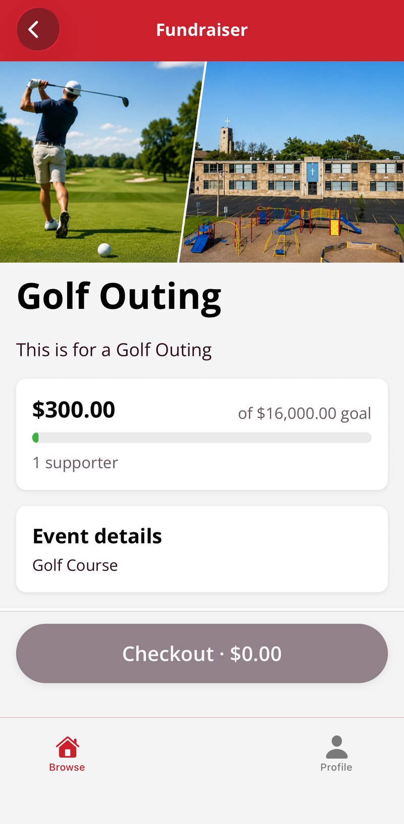 A golf outing fundraiser in the BlazeBite app: photos of the course and the school, the amount raised against the goal, the supporter count, and the event details