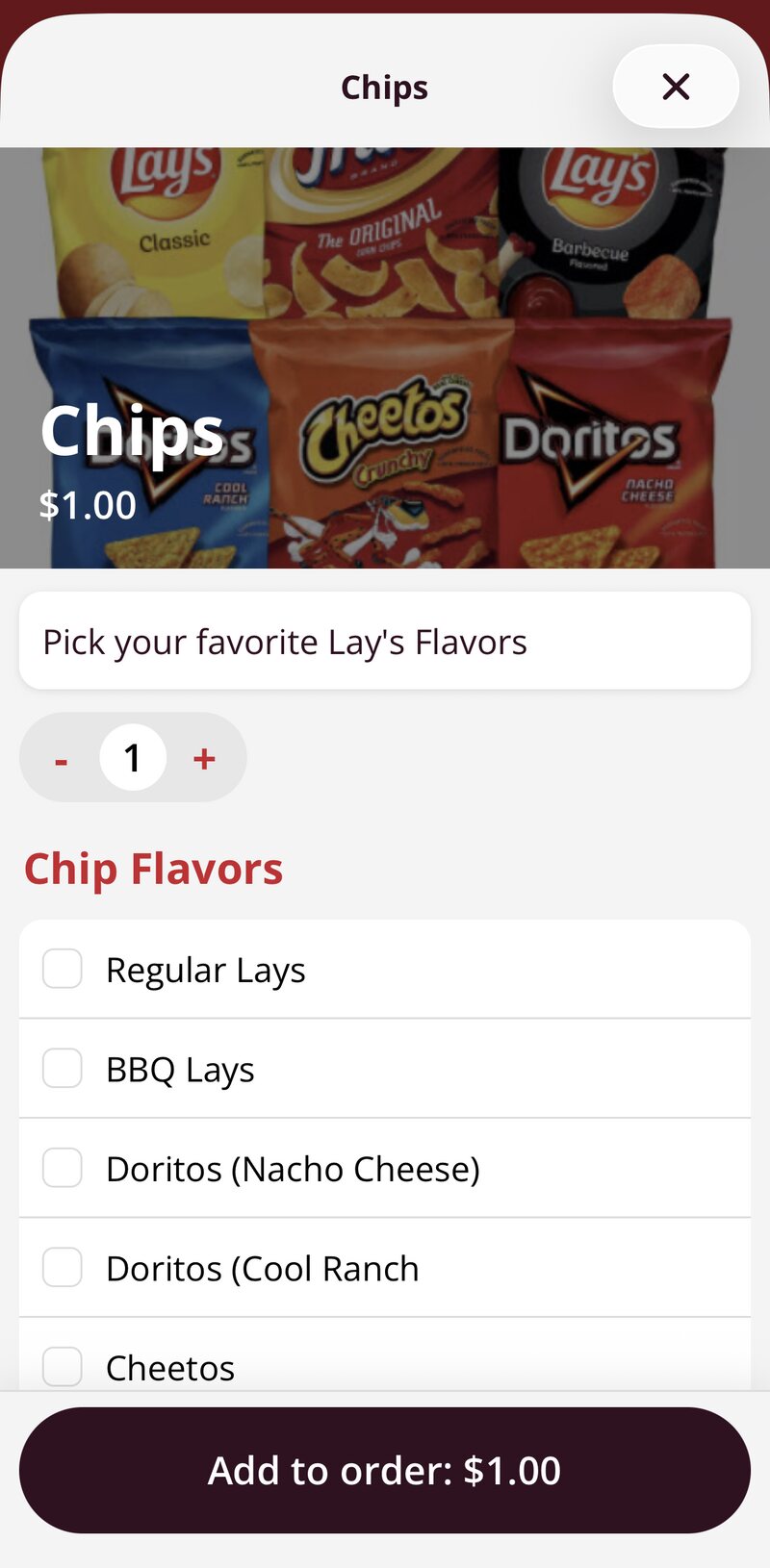 A bag of chips in the app with a photo, price, quantity picker, and a list of flavors to choose from