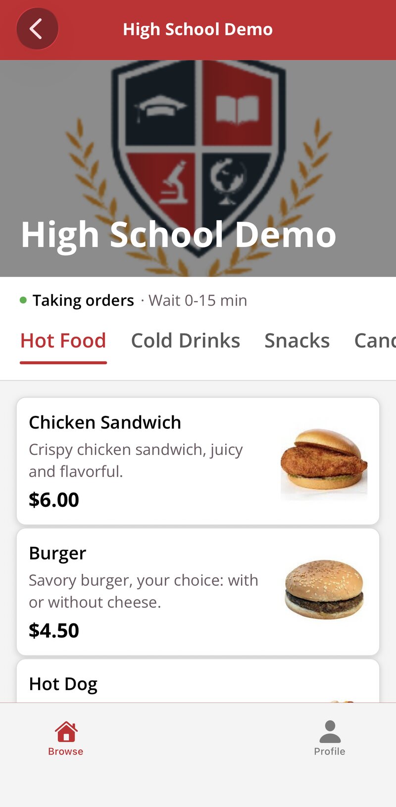 The BlazeBite app on a phone: the High School Demo menu, taking orders with the current wait time, tabs for hot food, cold drinks, snacks, and candy, and items with photos and prices