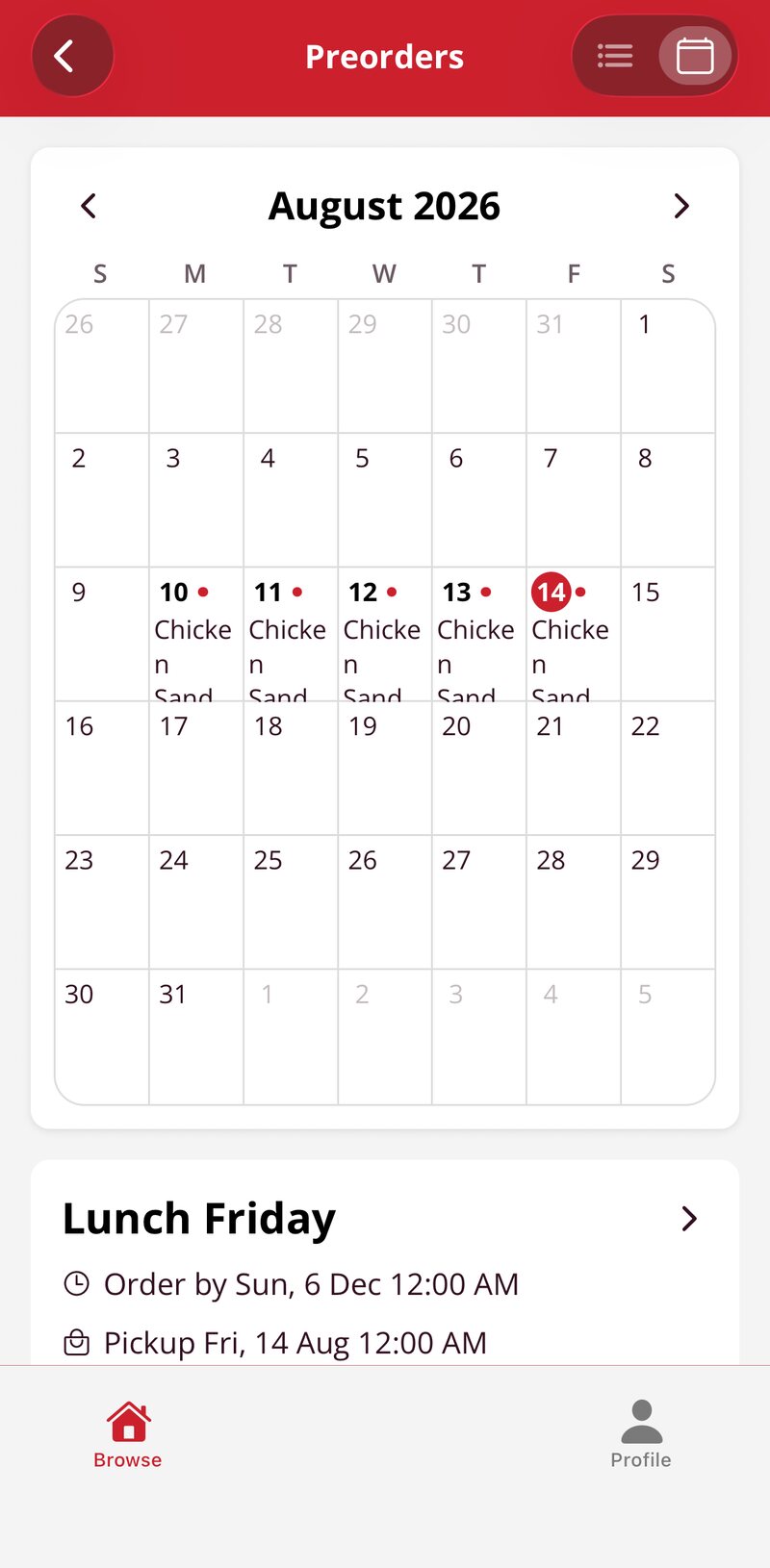 A month calendar in the app with a chicken sandwich pre-order marked on each weekday