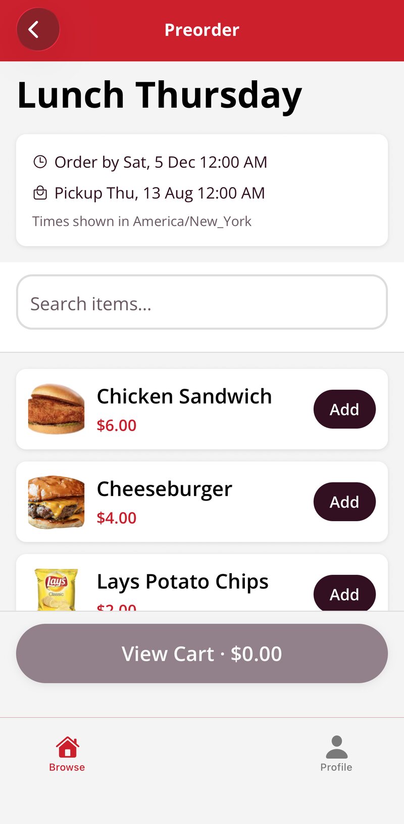 The items for Lunch Thursday in the app, each with a photo, price, and an Add button
